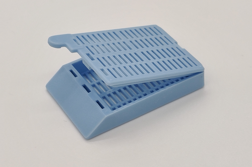 plastic biopsy tissue cassettes with attached lid and 35 angled face blue 